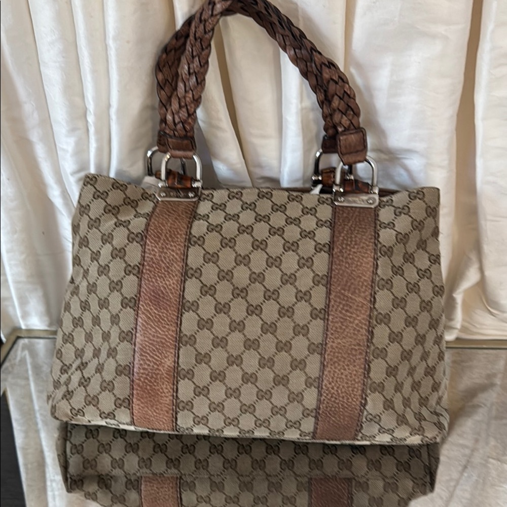 Gucci 232947・486628 Bamboo GG Canvas Leather Tote Bag Business Vintage